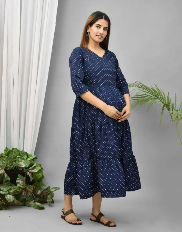 Trendy FEEDING KURTIS American crepe FEEDING dress Easy Breast Feeding Breastfeeding Dress Western Dress with Zippers for Nursing Pre and Post Pregnancy Navy Blue polka Maternity wear