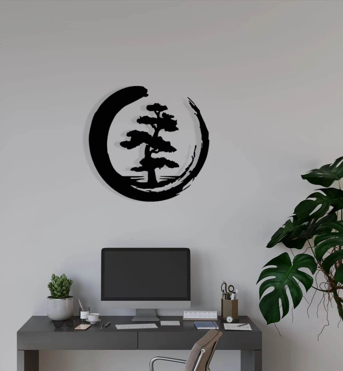 Enso tree Laser-Cut Metal Wall Art, Spiritual Decor (18X18 Inch, Black)