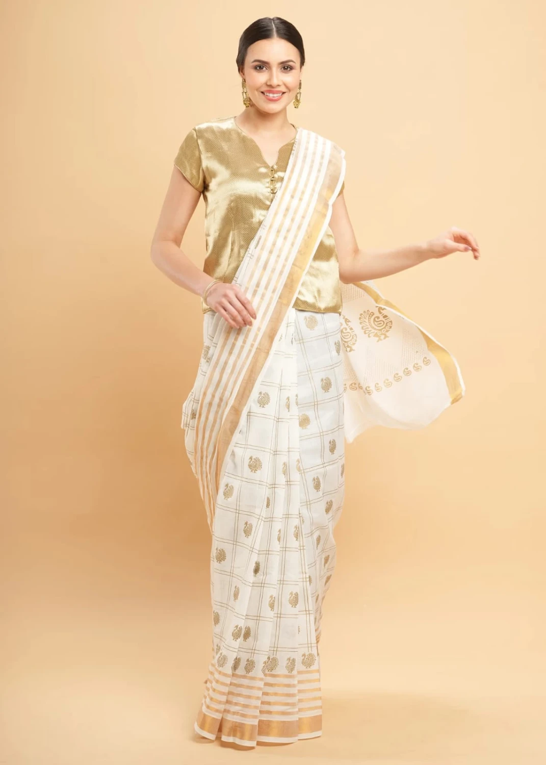 Kerala Cotton Saree | Elegant White Saree with Traditional Prints for Women