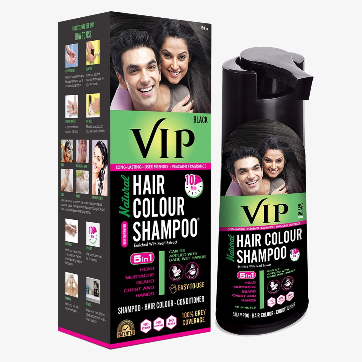 VIP Hair Colour Shampoo, Shampoo Based Hair dye for men & women - 180ml, Natural Black