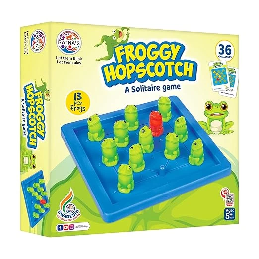 Froggy hopscotch - Jump to Win Game, Peg-Solitaire Jumping Game for Kids with 36 Challenges and Solutions