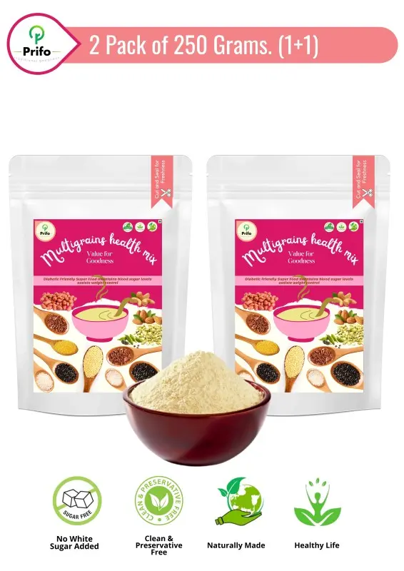 Prifo Multigrain Health Mix| Unpolished Natural millets| Porridge|Sathu Mavu|Fiber-Rich Nutritious filler|5 In 1 millet receipe-Porridge, soup, milkshake, kulfi|chemical free- 250 gm pack of 2 Combo.