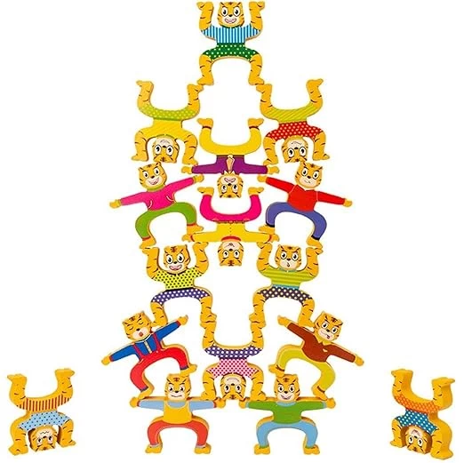 Tiger Balance -(12 pcs) Multicolor Wooden Cute Tiger Stacking Balancing Block Puzzle Game for Kids and Toddlers Suitable for Return Gift