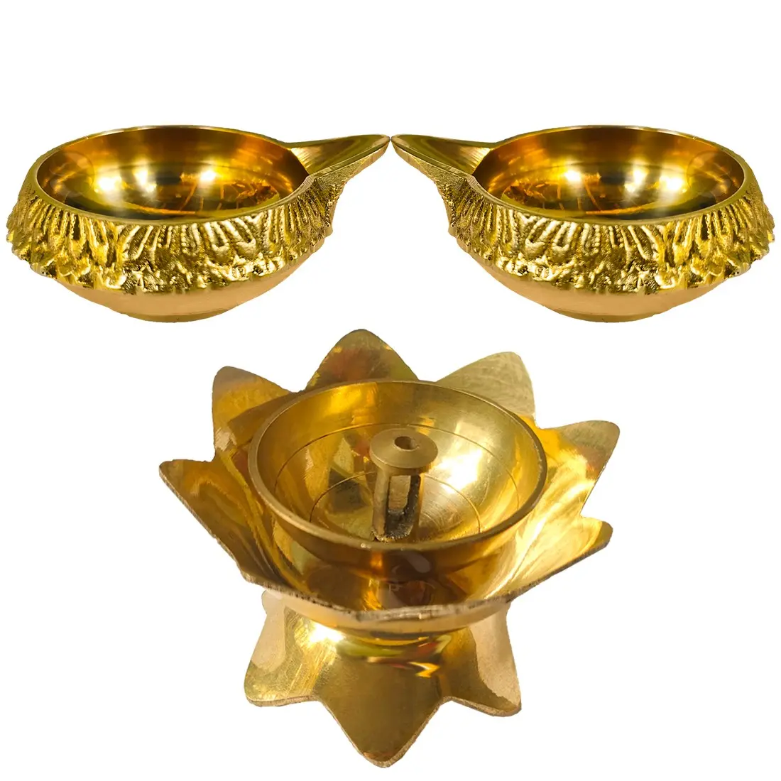 ANTIQUE BRASS KUBERA DIYAS AND FANCY LOTUS DIYA COMBO (PACK OF 3) 2.5 INCHES HEIGHT