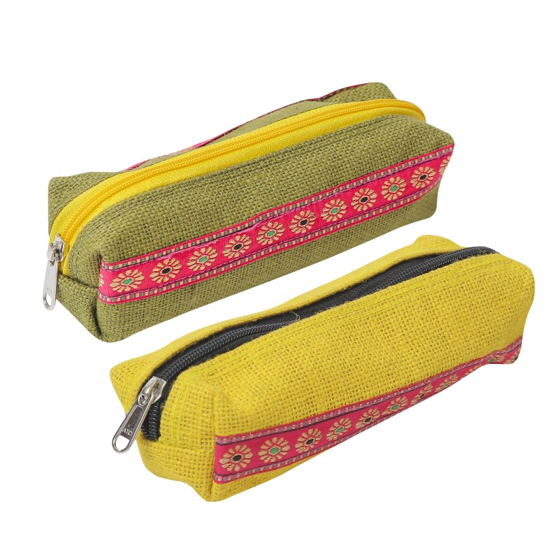 Aalam Vizhudhugal Jute Rectangular Multipurpose Zipper Pen and Pencil Pouch in Zari Pattern – Pack of 2