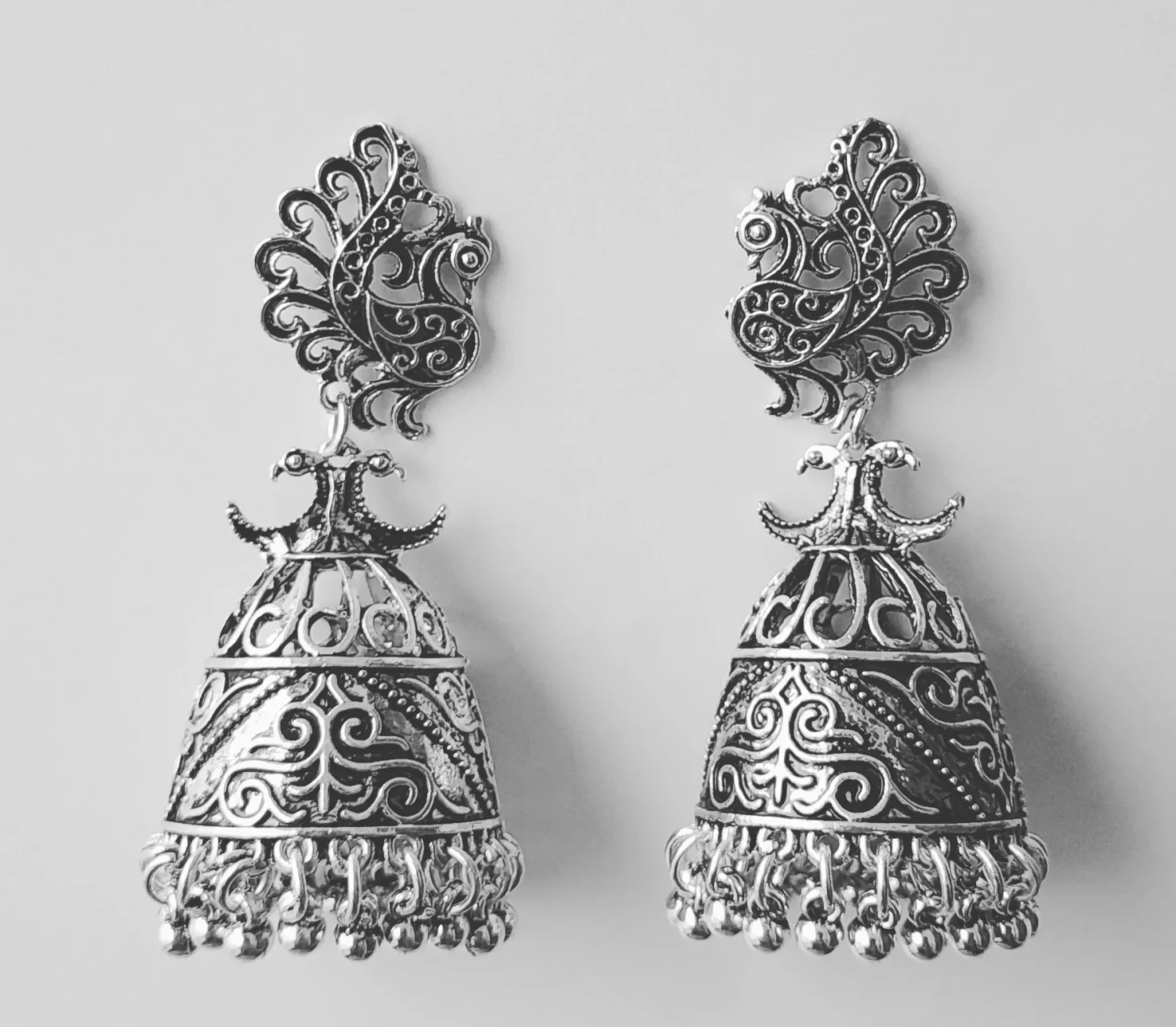 FANCY JUMKHA  for Women Oxidized Silver Peacock Jumka Traditional Indian Earrings Elegant Oxidized Silver Jumkas with Peacock Artwork