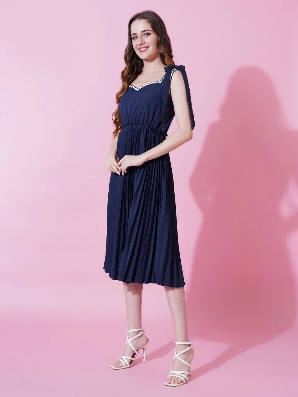 Women's Navy Blue Heavy Crepe Crushed Flared Western Dress - Elegant Party Wear, Evening Gown for Women, Sophisticated Look