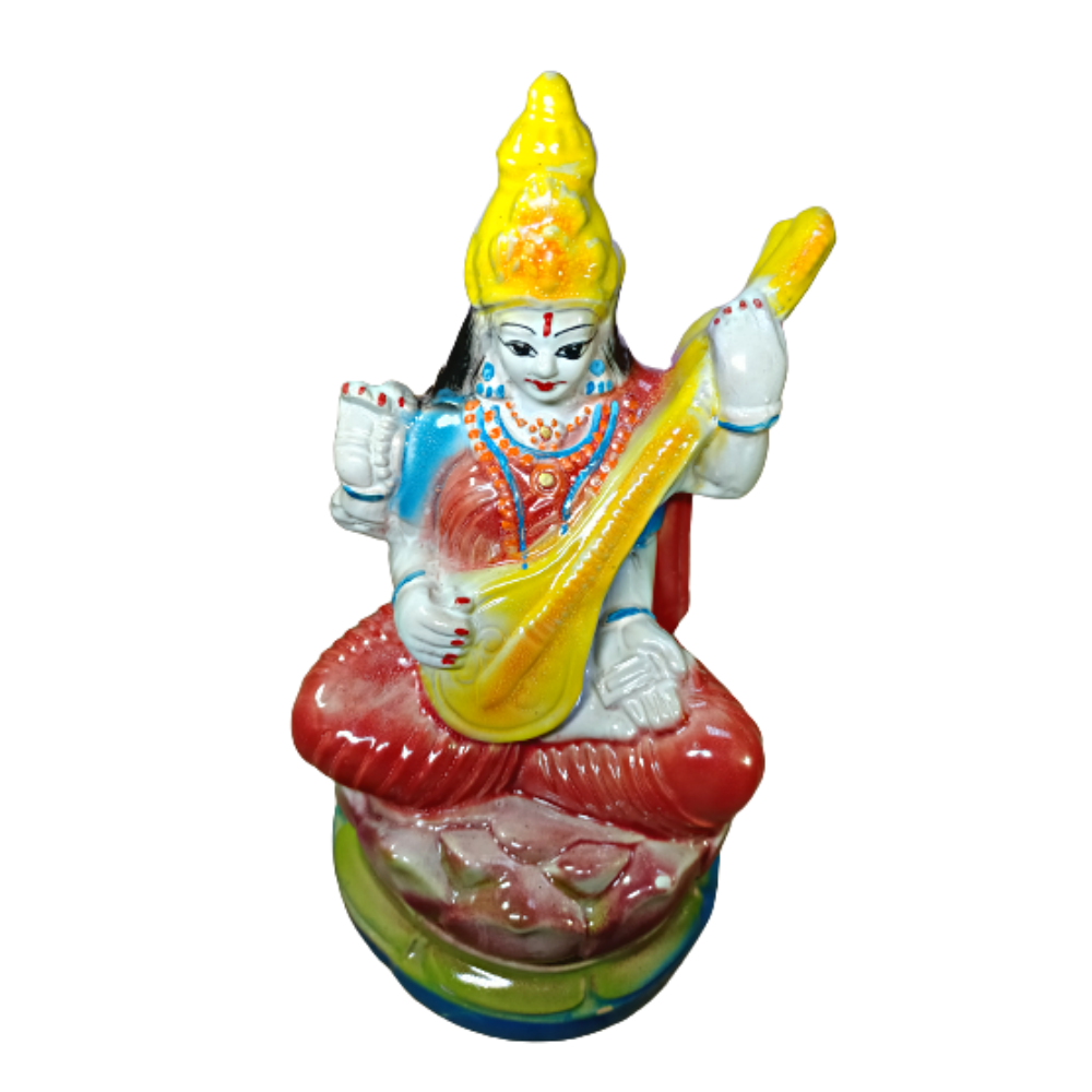 Saraswati MATA on Lotus | Maa Saraswati Murti |Saraswati Idol Perfrect for Home Decor, Office Decor and Pooja Room | Handmade Ceramic Saraswati Statue for Showpiece Gift (Red) (24 cm)