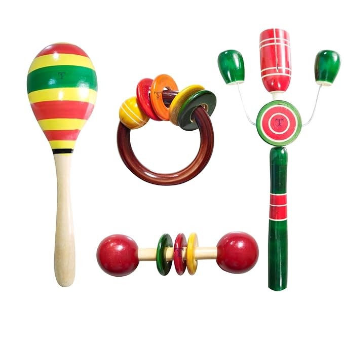 Nimalan's toys Colourful Wooden Baby Rattle Toy - Hand Crafted Rattle Set for Kids - Musical Toy for Newly Born - Wooden Ring Teether for New Born Babies - Baby Teethers(pack of 4) Egg, Tik big, teeth