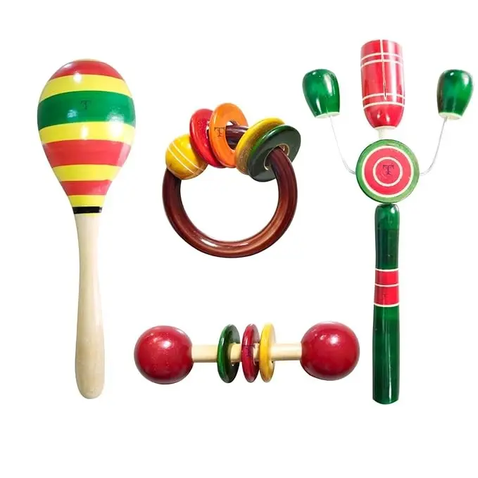 Nimalan's toys Colourful Wooden Baby Rattle Toy - Hand Crafted Rattle Set for Kids - Musical Toy for Newly Born - Wooden Ring Teether for New Born Babies - Baby Teethers(pack of 4) Egg, Tik big, teeth