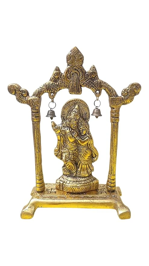 Radha Krishna Metal Idol, Gold Plated Decorative Statue, Religious Showpiece Figurine- Religious Krishna Idol Gift Article.