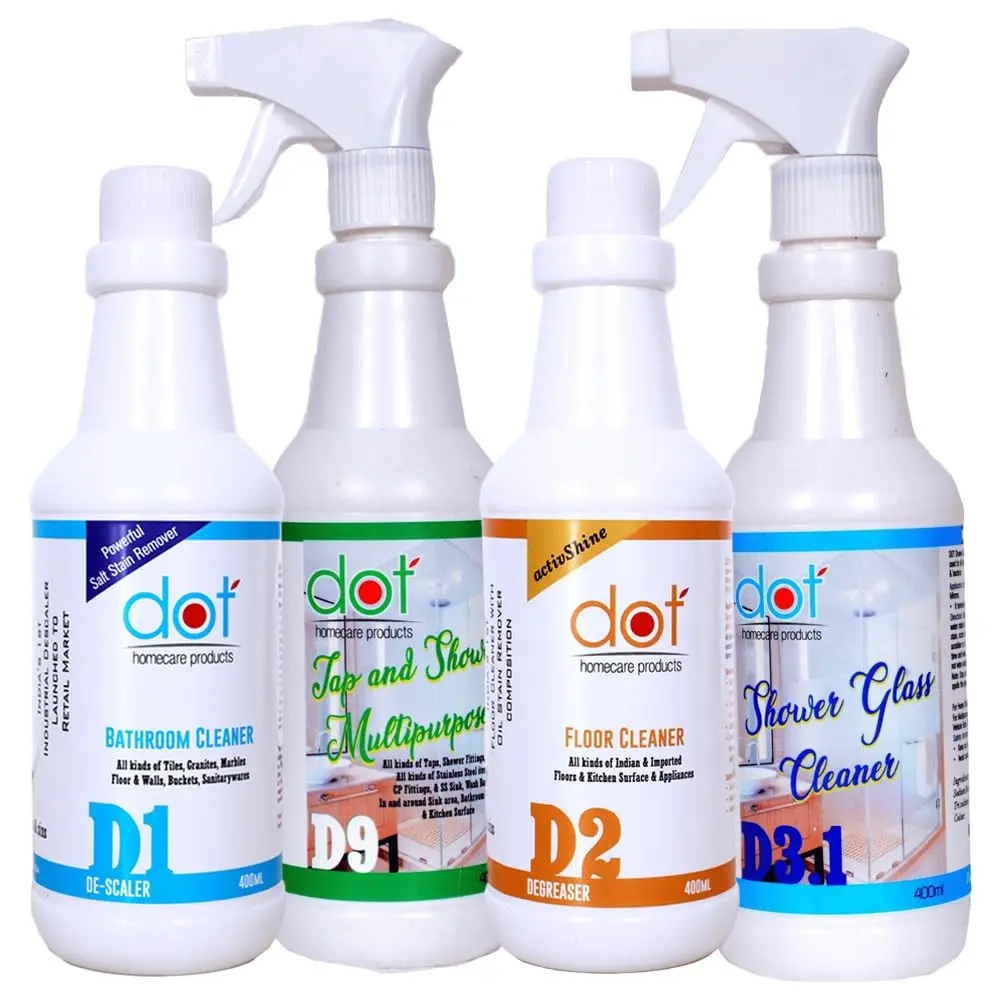 DOT Bathroom Tiles Cleaner Descaler 500ml, Tap Shower Mirror, Kitchen Surface SS Sink, Floor Cleaner Heavy Oil Stain Remover Degreaser, Shower Glass Cubicle Cleaner 400ml each (Combo Pack)