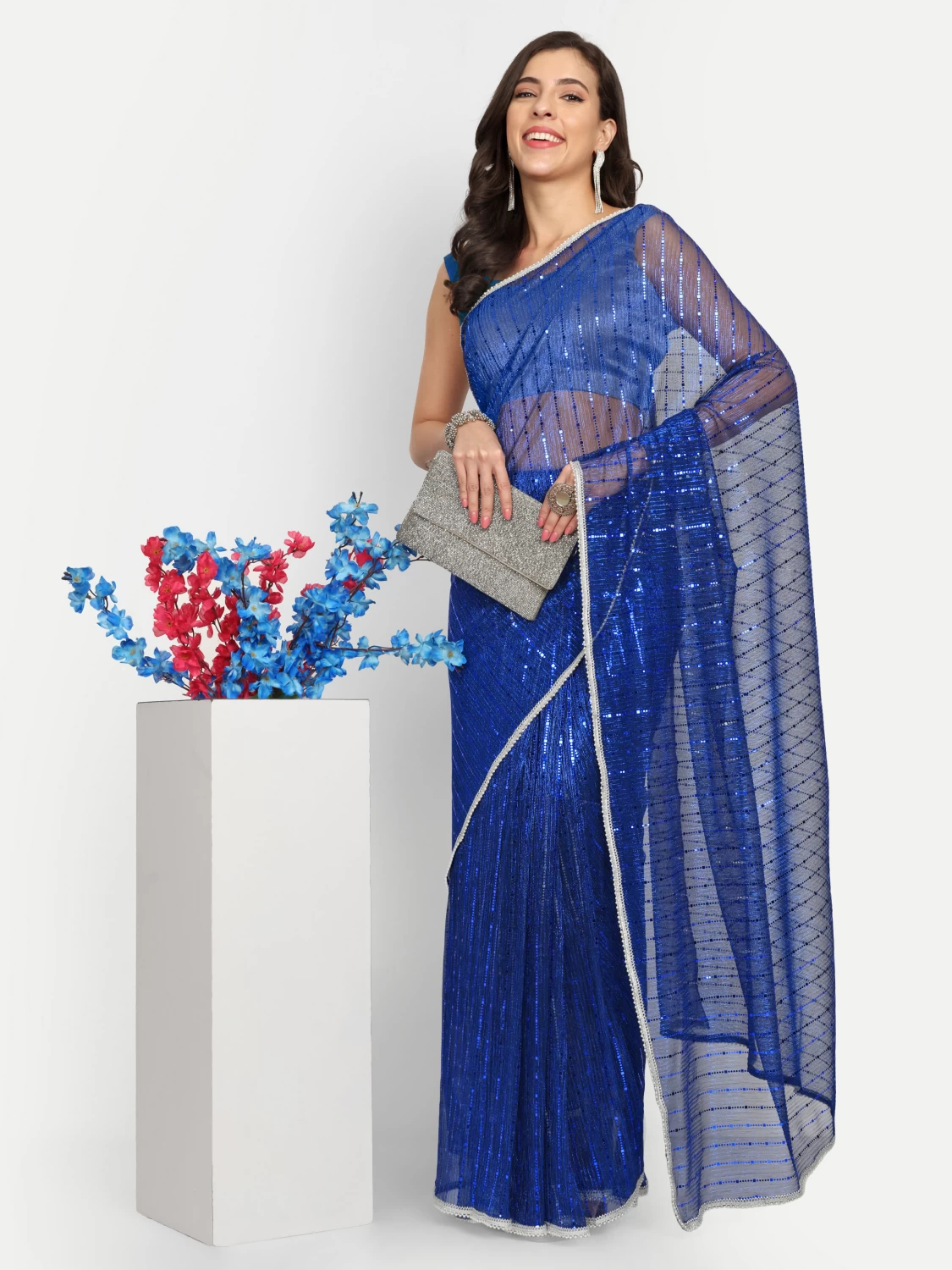 LTS Label Tripti Saxena: Stylish Blue Lycra Saree with Blouse