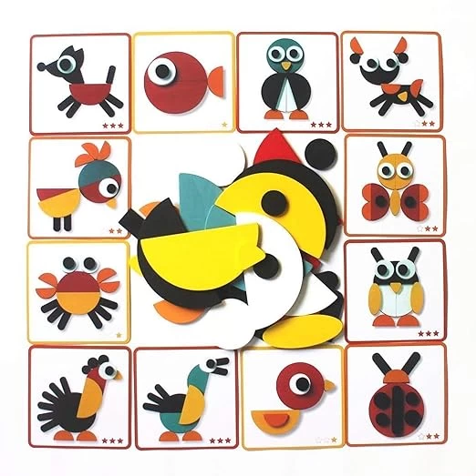 Geo Animo Puzzle - Wooden Puzzle Animal Pattern Blocks Toys Tangrams Puzzle Set for Kids with Storage Bag and 20 Design Cards for Kids and Toddlers