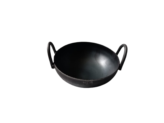 Simsnura Household Iron Black Kadhai with Double Side metal Handle Traditional Pure Iron Kadai Heavy Base Round Bottom Small Size (7.5 inch)
