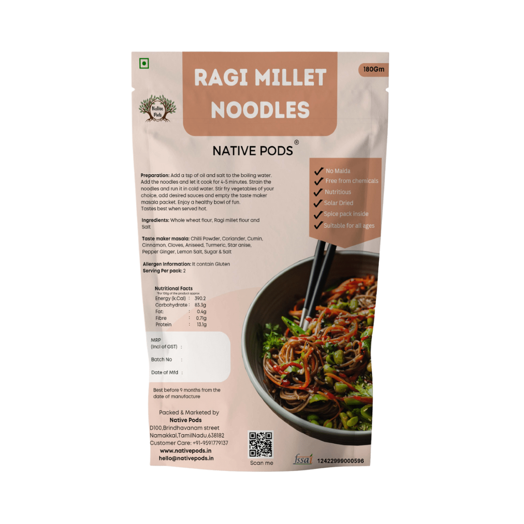 Native Pods Ragi Millet Noodles | Not Fried, No MSG |No Maida | Pack of 1- 180g
