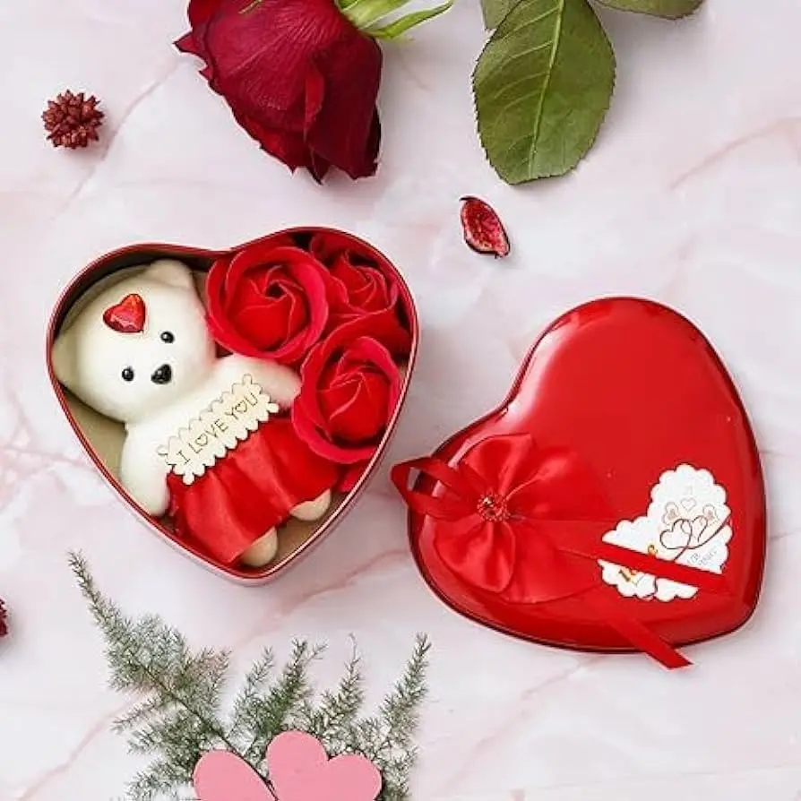 3 Artificial Red Rose & Teddy Bear in Heart Shape Metal Gift Box | Beautiful Valentine Gift for Boyfriend, Girlfriend, Wife, Love Couple Valentine Day, Anniversary, Birthday Gift Set Love (Red)