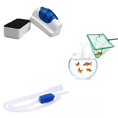 Jenixa® Aquarium Accessories Cleaning Combo Pack - Aquarium Fish Net + Floating Magnetic Aquarium Cleaner + Siphon Water Remover - Fish Tank Accessories Combo Pack