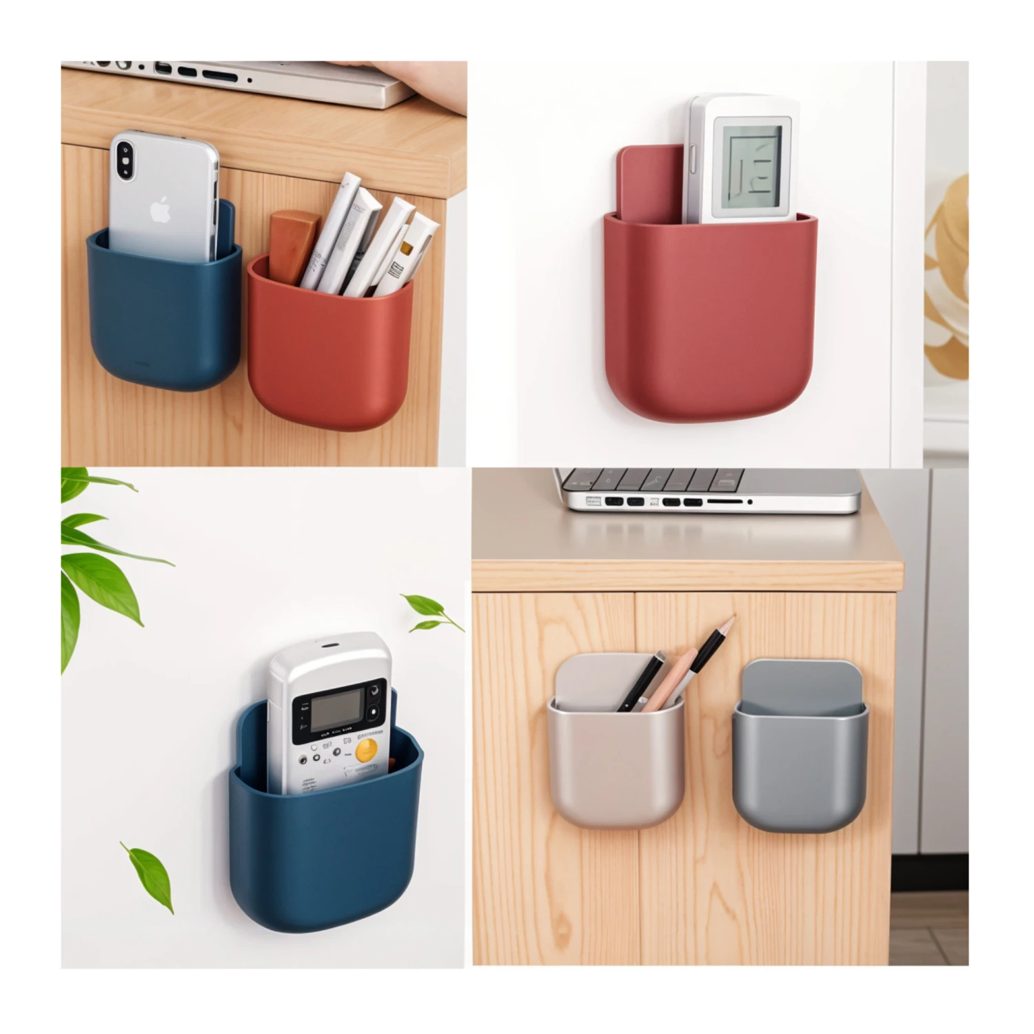 Multifunctional Wall Mounted Mobile Holder with Remote Control Storage, Key Hanger & Pen Organizer Self-Adhesive, Space Saving Accessories (4PCS)