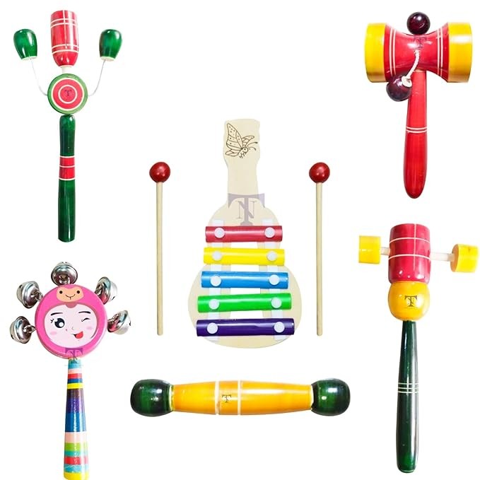 Nimalan's Toys Colourful Rattles and Xylophone Toys for Kids - Non-Toxic Attractive Rattle for New Born – Wooden rattles and xyolophone with teether (Pack of 6) (Colour May Vary)