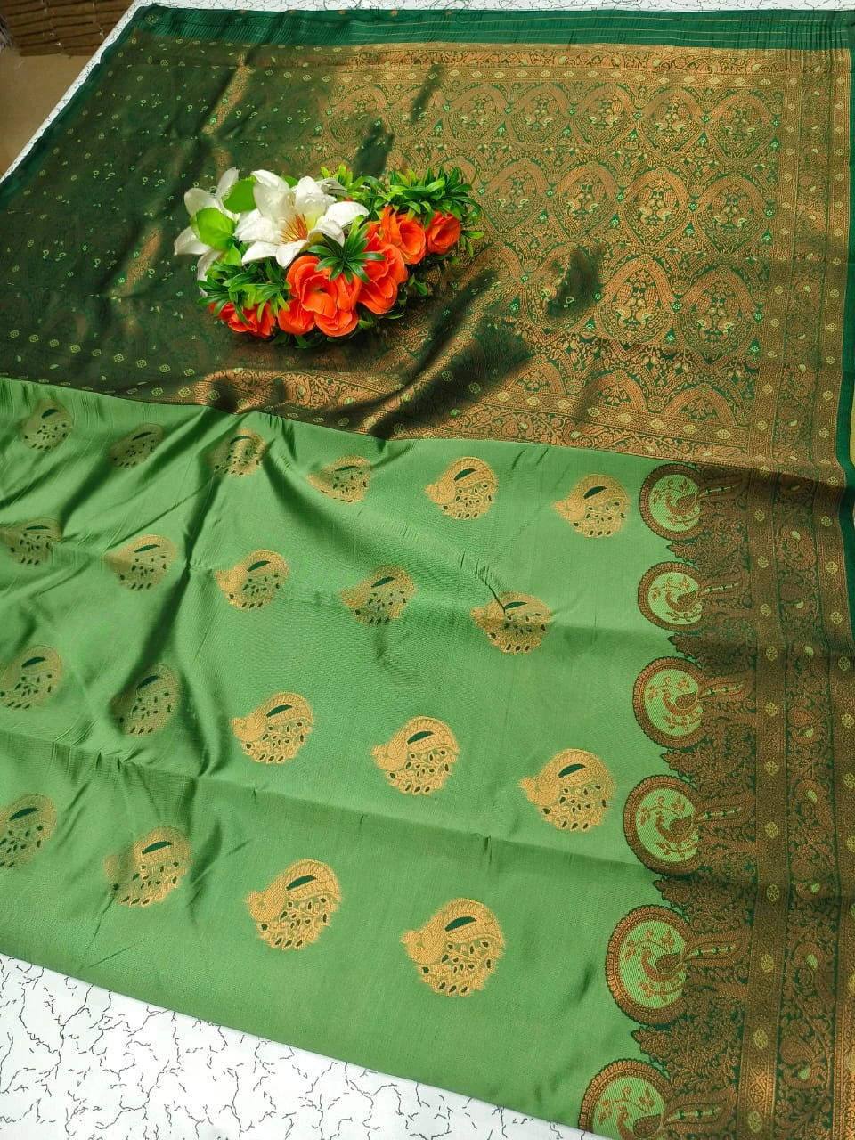 Elite Bridal Rapier Fancy Lightweight Mayil Meena Silk Saree – 3D Embossed Design, Rose Gold Jari, Contrast Pallu & Running Blouse – Premium 110 Karizma Weave