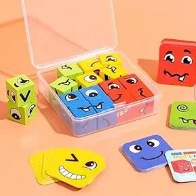 Rubix Face Changing - Cube face Change Game for Kids -Wooden | Learning Educational Expressions Puzzles Toy with 16 Cube, 64 Challenge Cards | Family Board Games for Kids