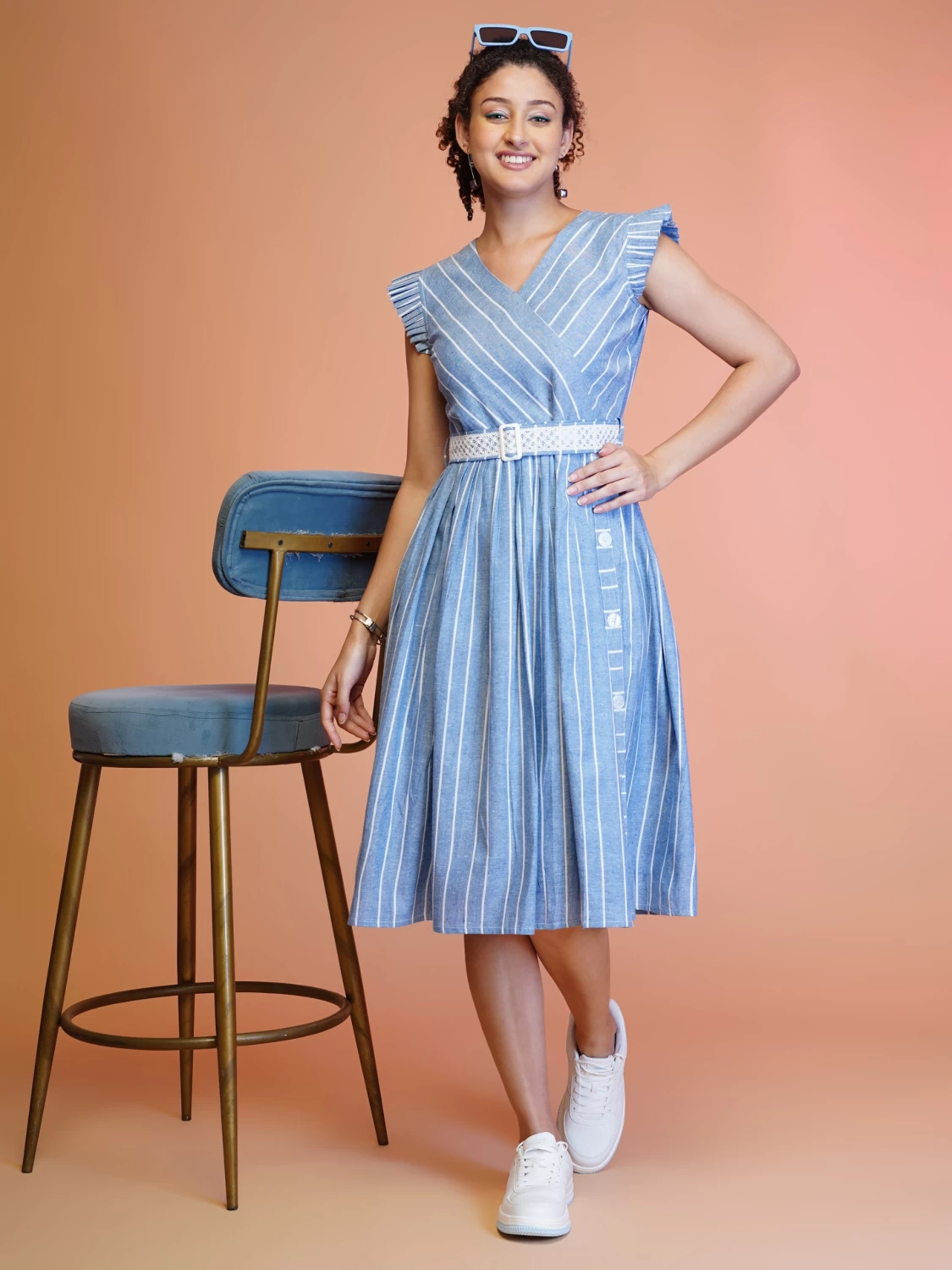 Women's Blue Cotton Striped Embroidered Belt Midi Dress - Summer Casual, Bohemian Style Western Dress for Women