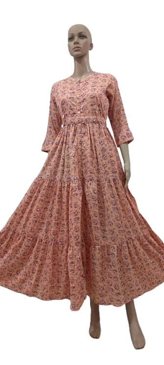 Peach Anarkali Gown | Floral Cotton Tiered Dress for Women – Elegant & Stylish