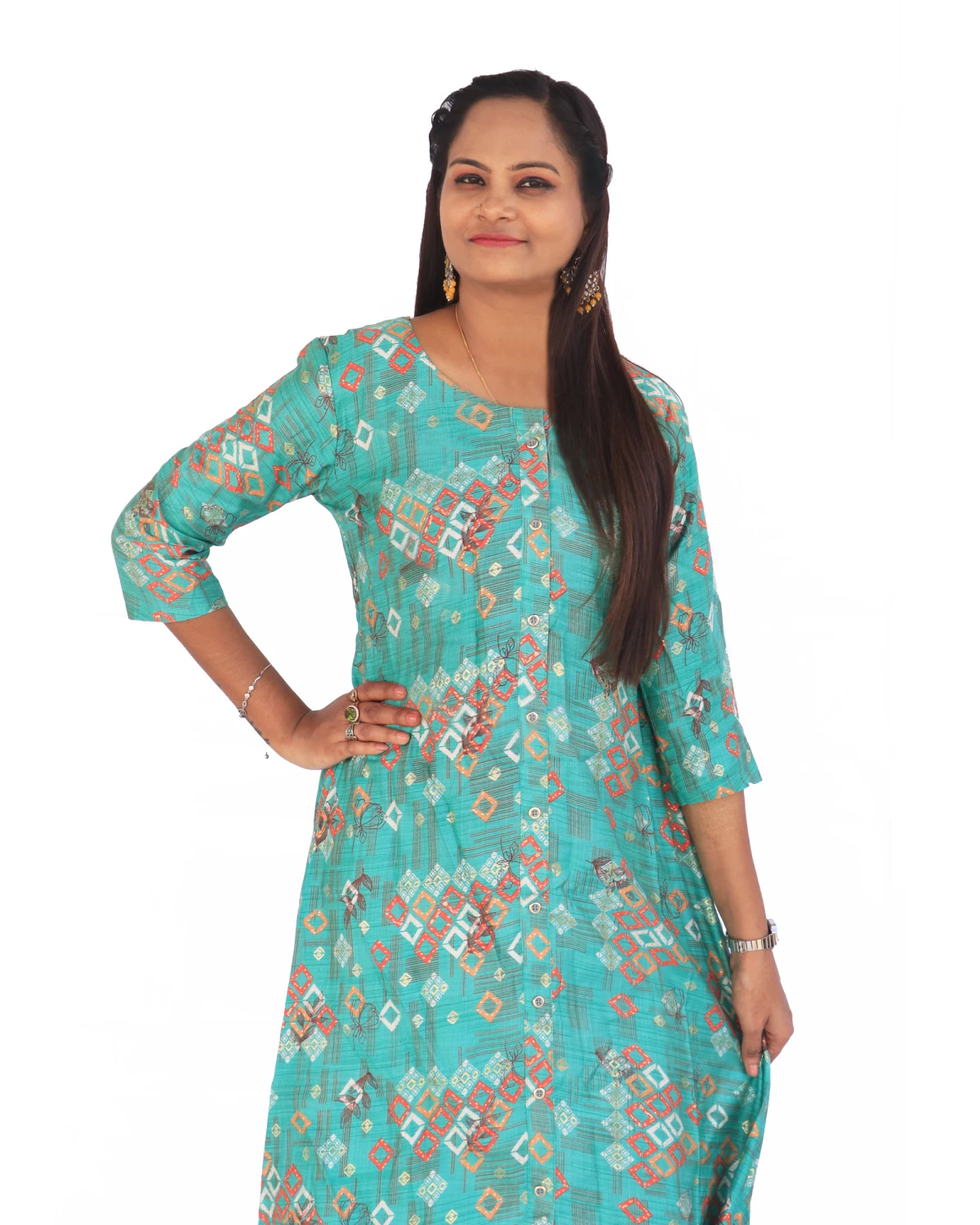 Green Vatican Button-Down Kurta – 3/4th Sleeves, Round Neck, Perfect for Festive Season & Girls’ Outings