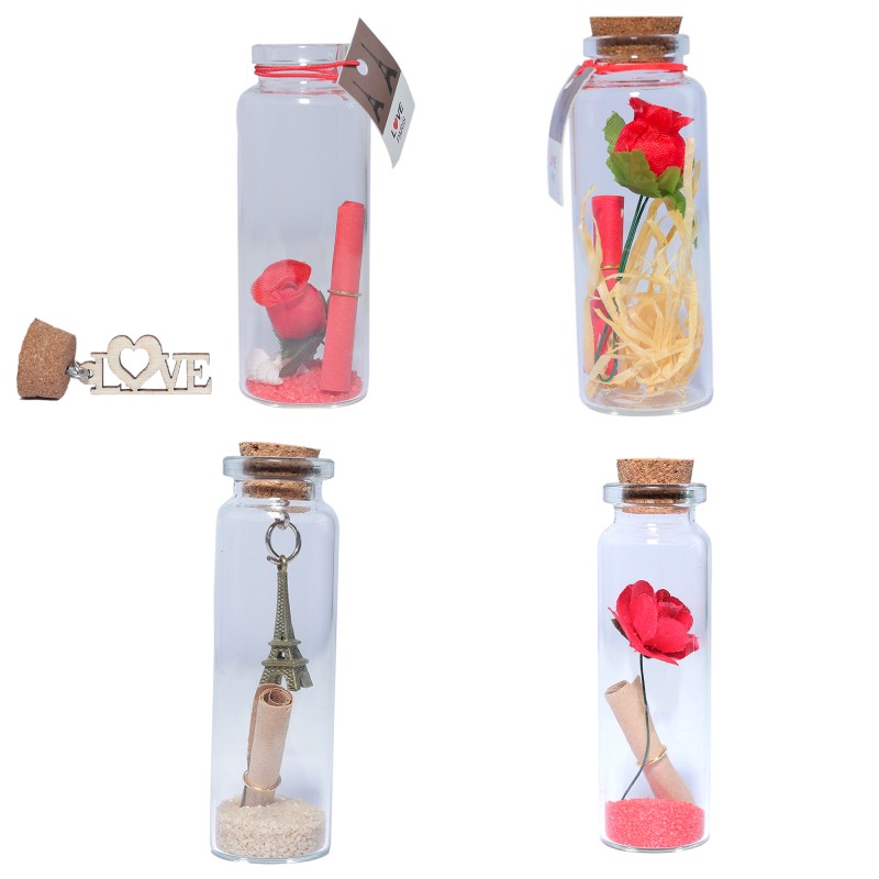 Skarsh Wish Bottle Message Container with Cork Cap with Stuffed Inside Love,Roses, Sand, Eiffel Tower for Gift, Decoration, Hanging, (Pack of 4 pc's)