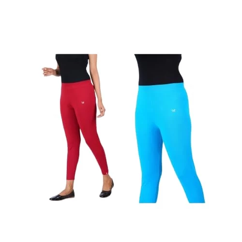 AULIKA Women's Bio-Wash Leggings, Made with 95% Cotton and 5% Spandex for Comfort, Flexibility, and Durability-Pack of 2 | Red::T Blue