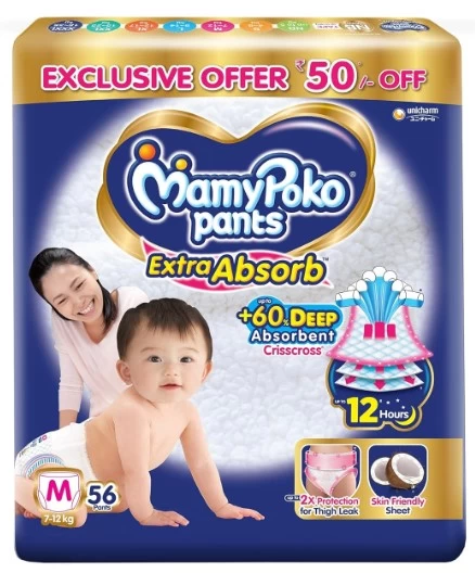 MamyPoko Pants Extra Absorb Baby Diapers, Medium (M), 56 Count, 7-12 kg