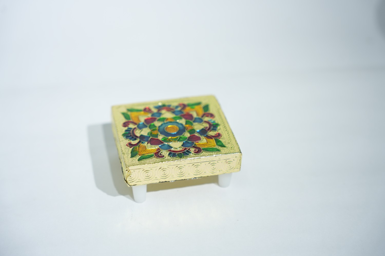 Decorative Multicolour Wooden Pooja Chowki | Meenakari Work | Wooden Chowki (8 x 4 x 8cms)