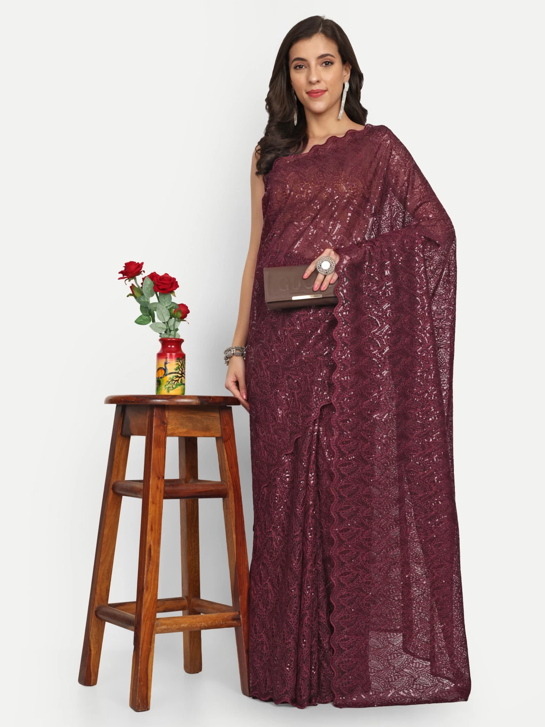 LTS Label Tripti Saxena: Maroon Net Saree with Heavy Work & Blouse