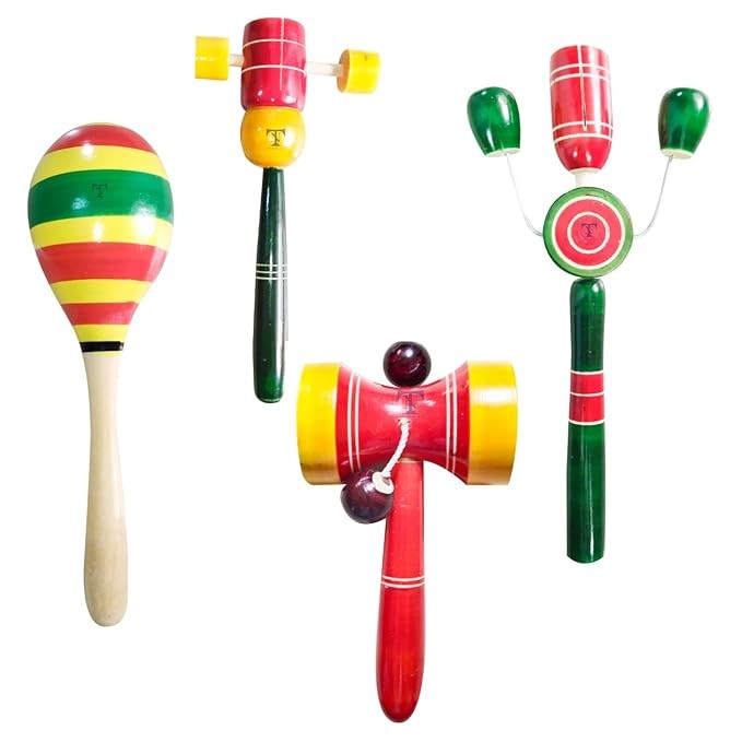 Nimalan's toys Colourful Wooden Baby Rattle Toy - Hand Crafted Rattle Set for Kids - Musical Toy for Newly Born (pack of 4) Tik Tik small, damaru rattle, face tik tok rattle, egg rattle (Colour May Va