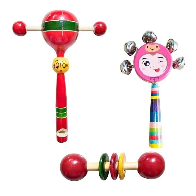 Nimalan's toys Colourful Wooden Baby Rattle Toy - Hand Crafted Rattle Set for Kids - Musical Toy for Newly Born - Wooden Teether for New Born Babies - Baby Teethers(pack of 3)cup tik, face rattle, tee