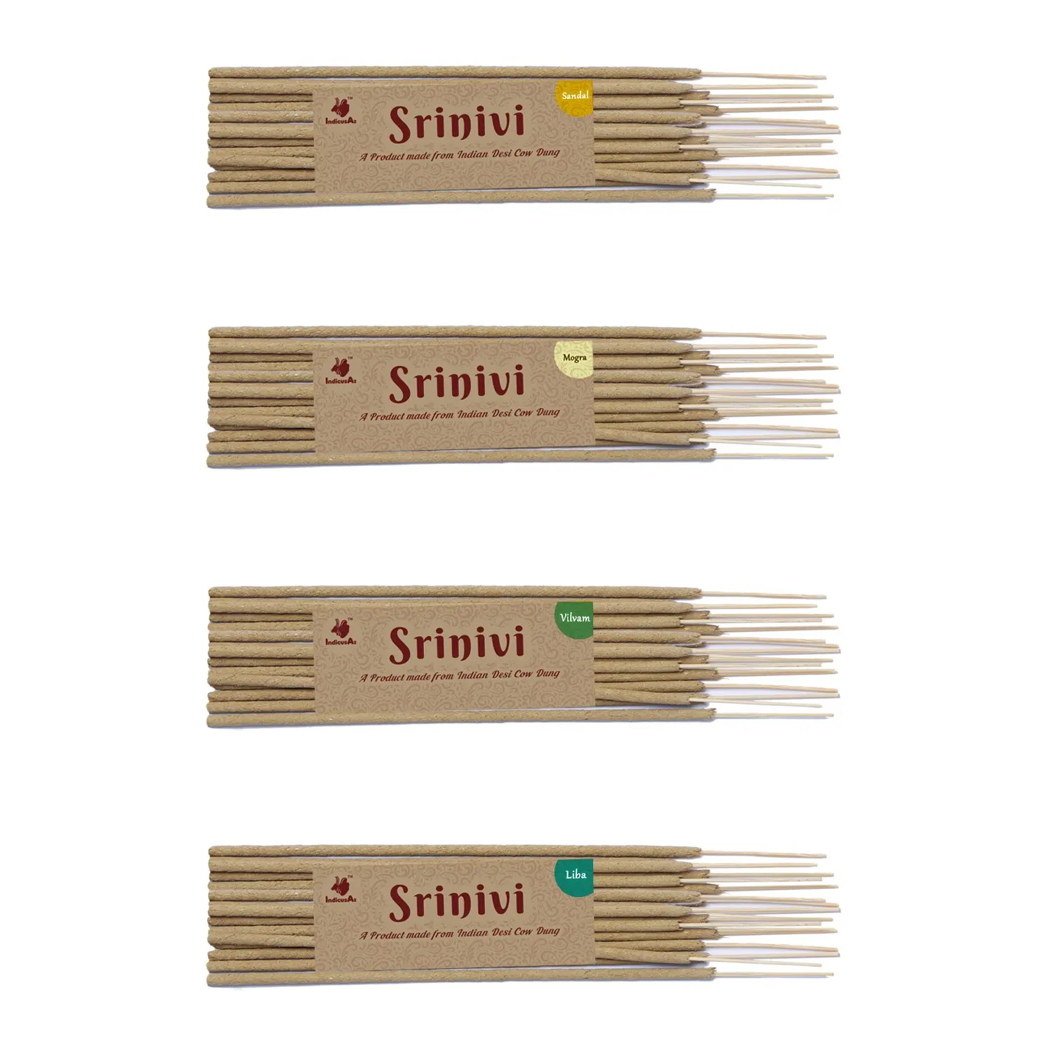 Srinivi Agarbattis - Made up of desi cow dung|Pack of 4|Each pack consists of 18 sticks|Fragrance – Sandal, Vilvam, Liba, Mogra.