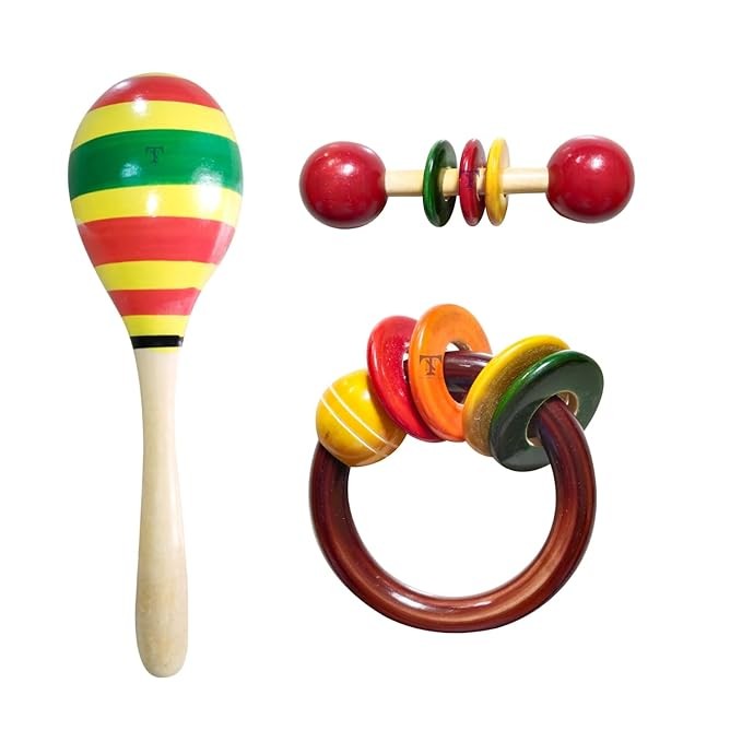 Nimalan's Colourful Wooden Baby Rattle Toy - Hand Crafted Rattle Set for Kids - Musical Toy for Newly Born - Pack of 3 (Egg,Ring teether, teether spl)