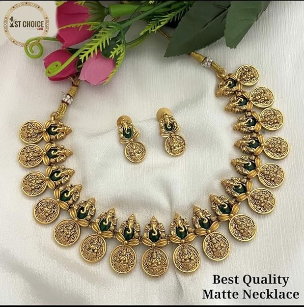 Matte finish neckset and earrings along with lakshmi coins green colour for women's and girls