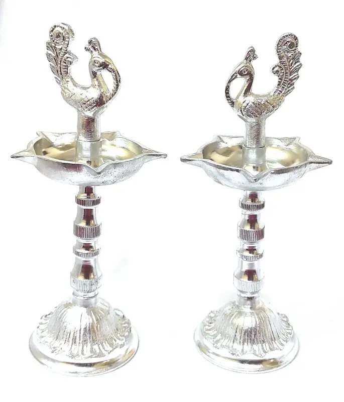 White Metal  German Silver  Peacock Top Five Face Kuthuvilakku set for Pooja Room Table/ White Metal Diya set (Pack of 2)