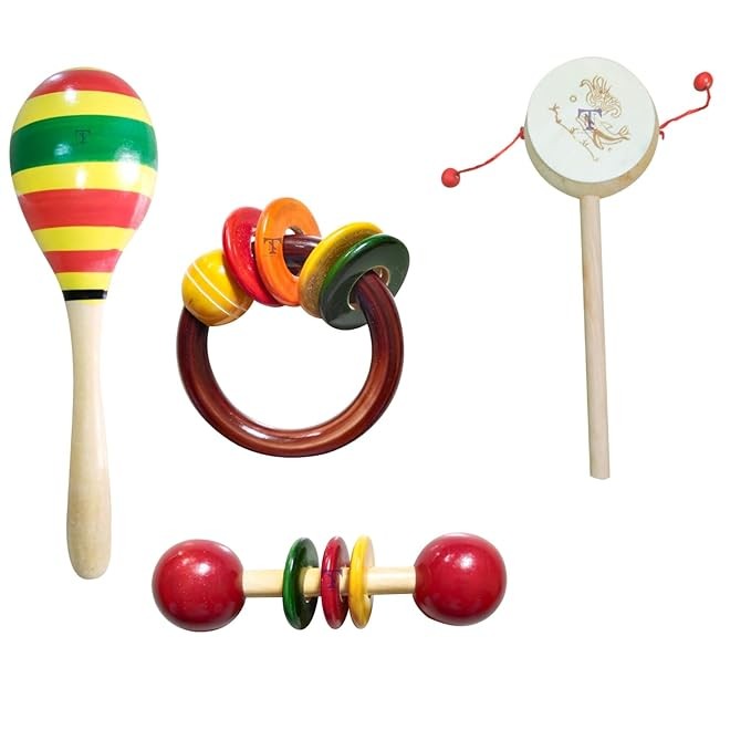 Nimalan's toys Colourful Wooden Baby Rattle Toy - Hand Crafted Rattle Set for Kids - Musical Toy for Newly Born - Wooden Ring Teether for New Born Babies - Baby Teethers (pack of 4) Egg, white rattle,