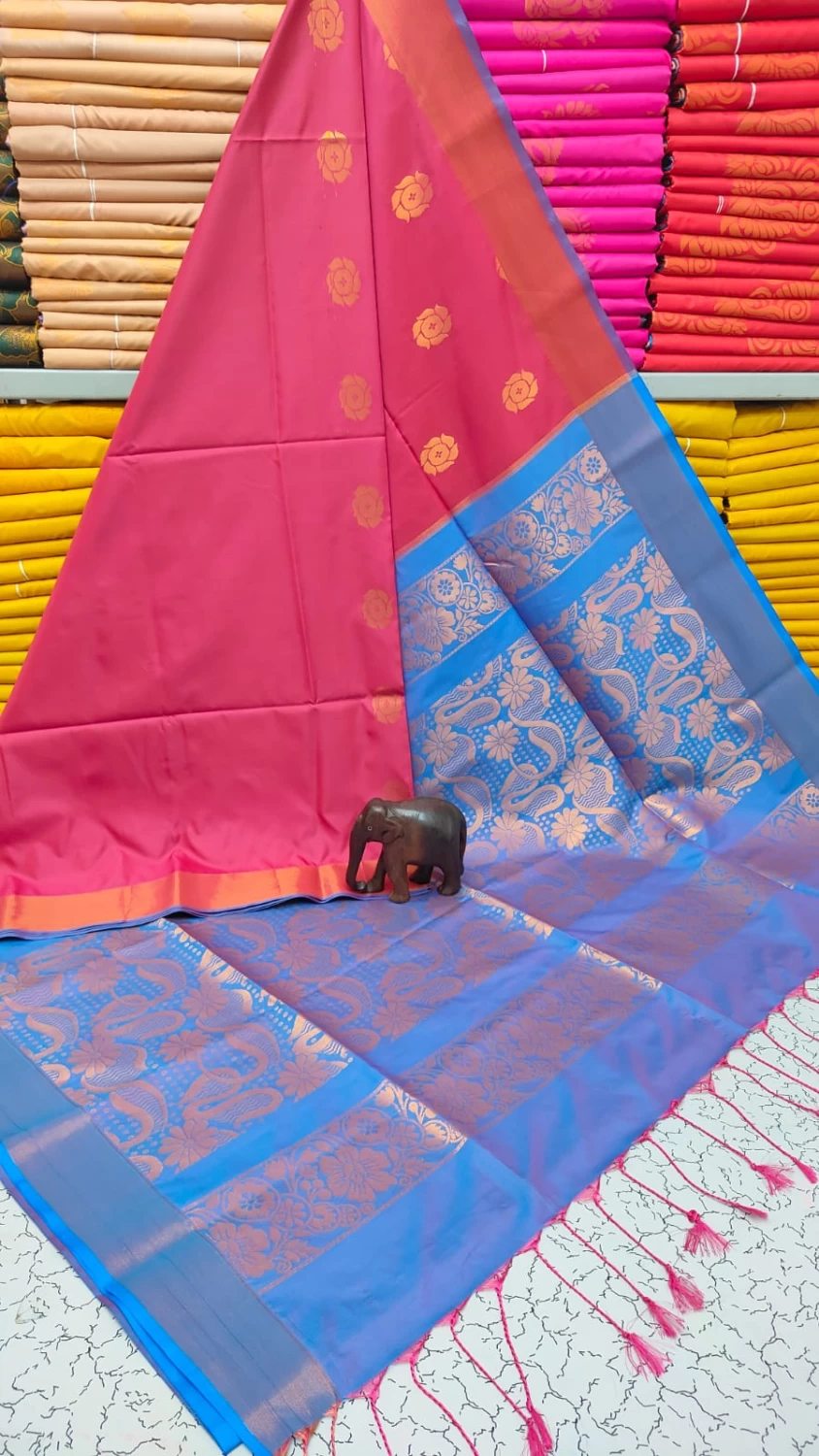 Elegant DeepPink Saree : Traditional Kanjivaram Jacquard Border Soft Silk Sarees Indian Silk Sarees