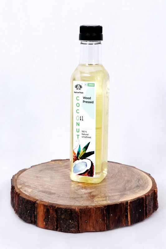 Native Pods Wood Pressed Coconut Oil - Kacchi Ghani/ Chekku/ Kolhu - Natural, Pure & Wood Pressed for Cooking, Skin, Hair & Baby massage - 500mL