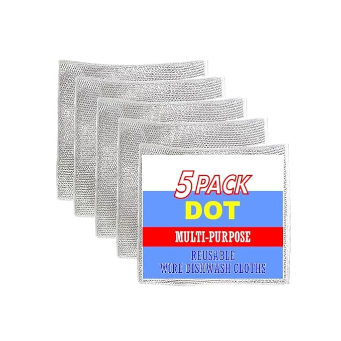 DOT Non-Scratch Wire Dishcloth (5 pieces) Multipurpose Wire Dishwashing Rags for Wet and Dry, Easy Rinsing, Reusable, Wire Cleaning Cloth for Kitchen