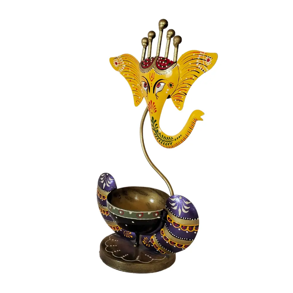 Yellow Purple Ganesha Idol Showpiece Tea Light Candle Holder, T-Light for Pooja, Living Room, Office