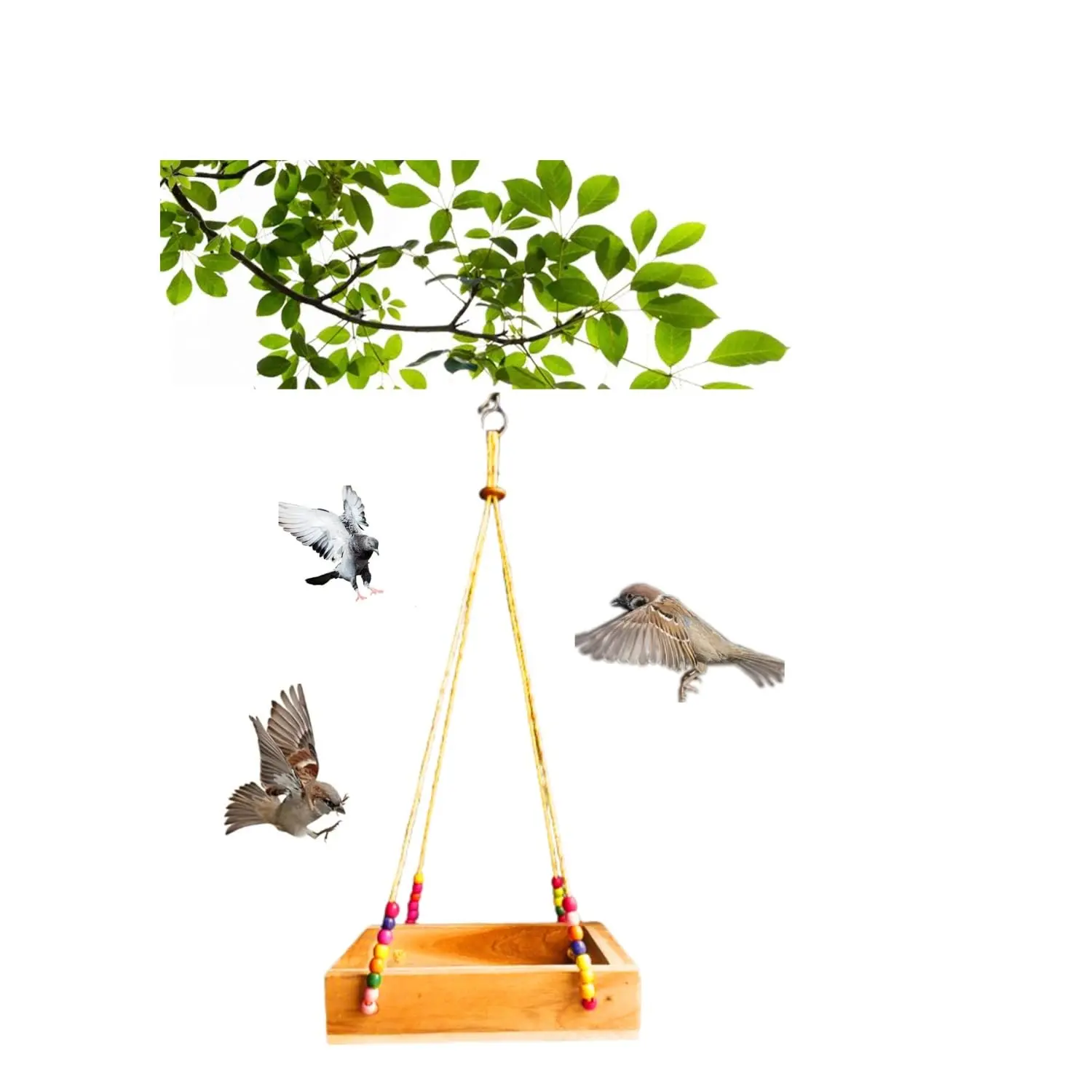 (Pack of 1) Wooden Bird Feeder with Hanging Rope for Balcony, Grill, House Finch, Blue Jay, Sparrow,