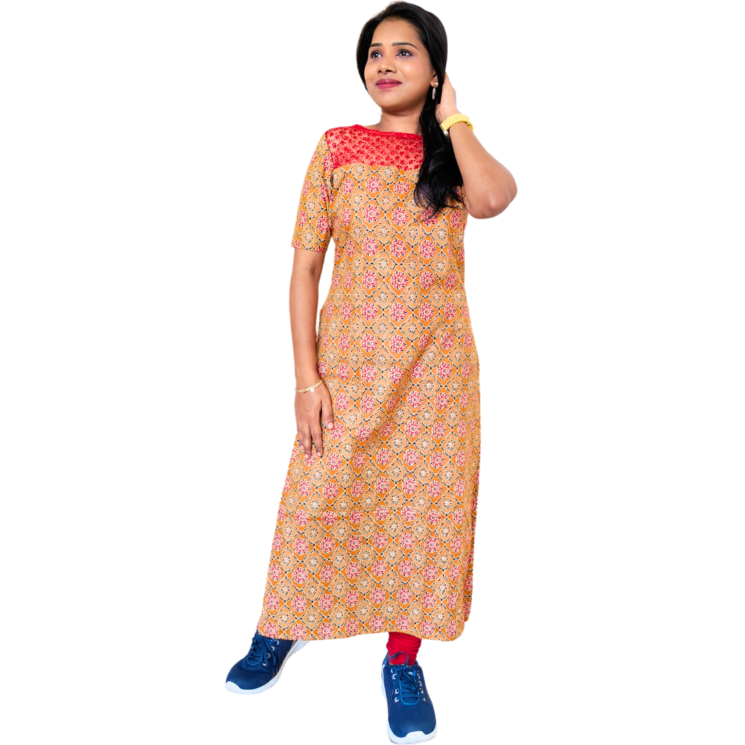Thrinay Collection Cotton Ajrakh Printed Fancy Netted Transparent Neck Ethnic Straight Cut Regular | Casual Kurti Kurta |Jean Top for Women - Yellow