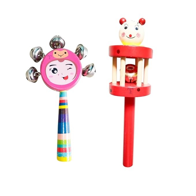 Nimalan's Toys Colourful Wooden Baby Rattle Toy - Hand Crafted Rattle Set for Kids - Musical Toy for Newly Born (Pack of 2 face, cage Rattle)