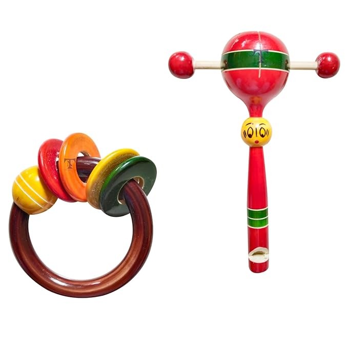 Nimalan's toys Colourful Wooden Baby Rattle Toy - Hand Crafted Rattle Set for Kids - Musical Toy for Newly Born - Wooden Ring Teether for New Born Babies - Baby Teethers (pack of 2) cup tik tik, ring