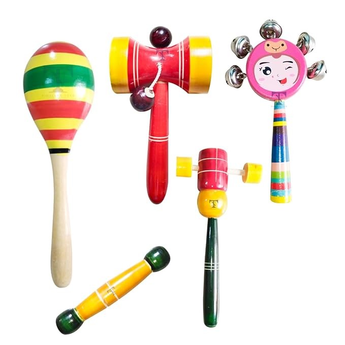Nimalan's Toys Colourful Wooden Baby Rattle Toy - Musical Toy for Newly Born - Pack of 5(Egg, cho, face, dumura, teether R)